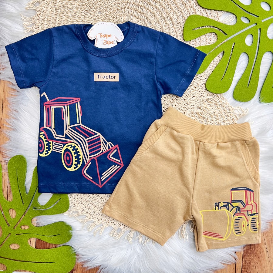 Conj. Camiseta Tractor e Bermuda em Moletinho - Marinho e Caramelo